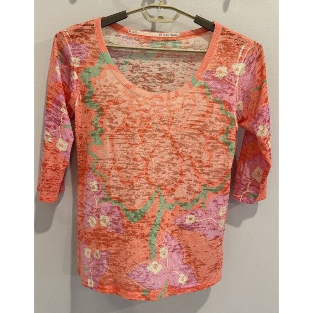Before + Again Womens Burnout 3/4 Sleeve Tropical Floral Print Shirt Size L
